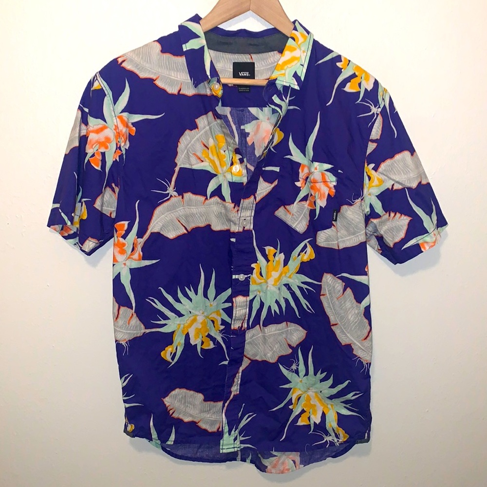 Vans Hawaiian Arachnofloria Shirt Short Sleeve Multicolor Blue Cotton Size Med